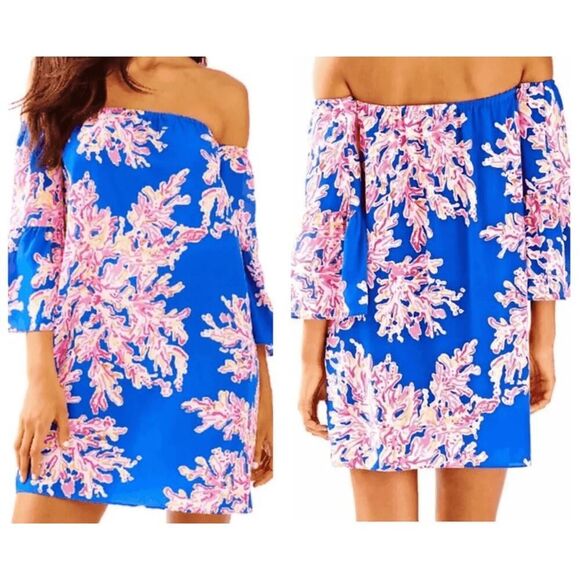 Lilly Pulitzer Dresses & Skirts - Lilly Pulitzer Sanilla Off The Shoulder Silk Dress Blue Sz S